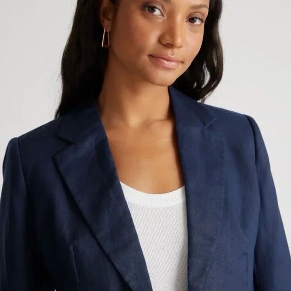 QUINCE European Linen Structured Blazer Jacket Women L Deep Navy Minimalist - Picture 3 of 14